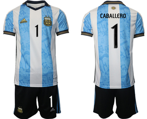 Men's Argentina #1 Caballero White/Blue Home Soccer Jersey Suit